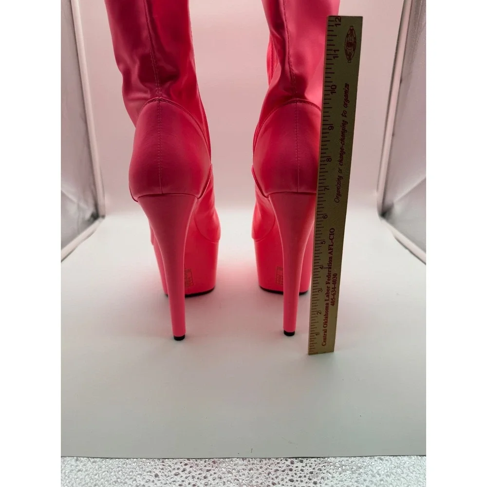 Ellie Neon Pink Peep Toe Platform Boots Knee High Stiletto Heel 11